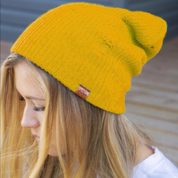 New distressed boho beanie hippie gold yellow - Picture 1 of 1